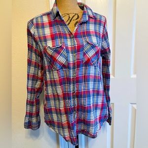 American Eagle Vintage Boyfriend plaid magenta blue cotton LS buttoned shirt M
